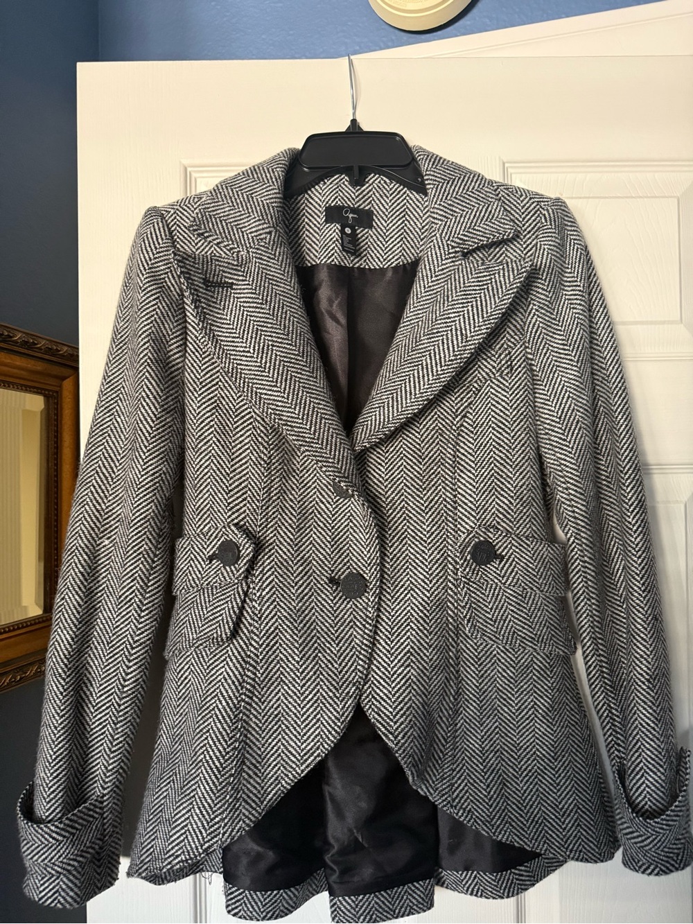 Aqua Black and White Herringbone Blazer Jacket